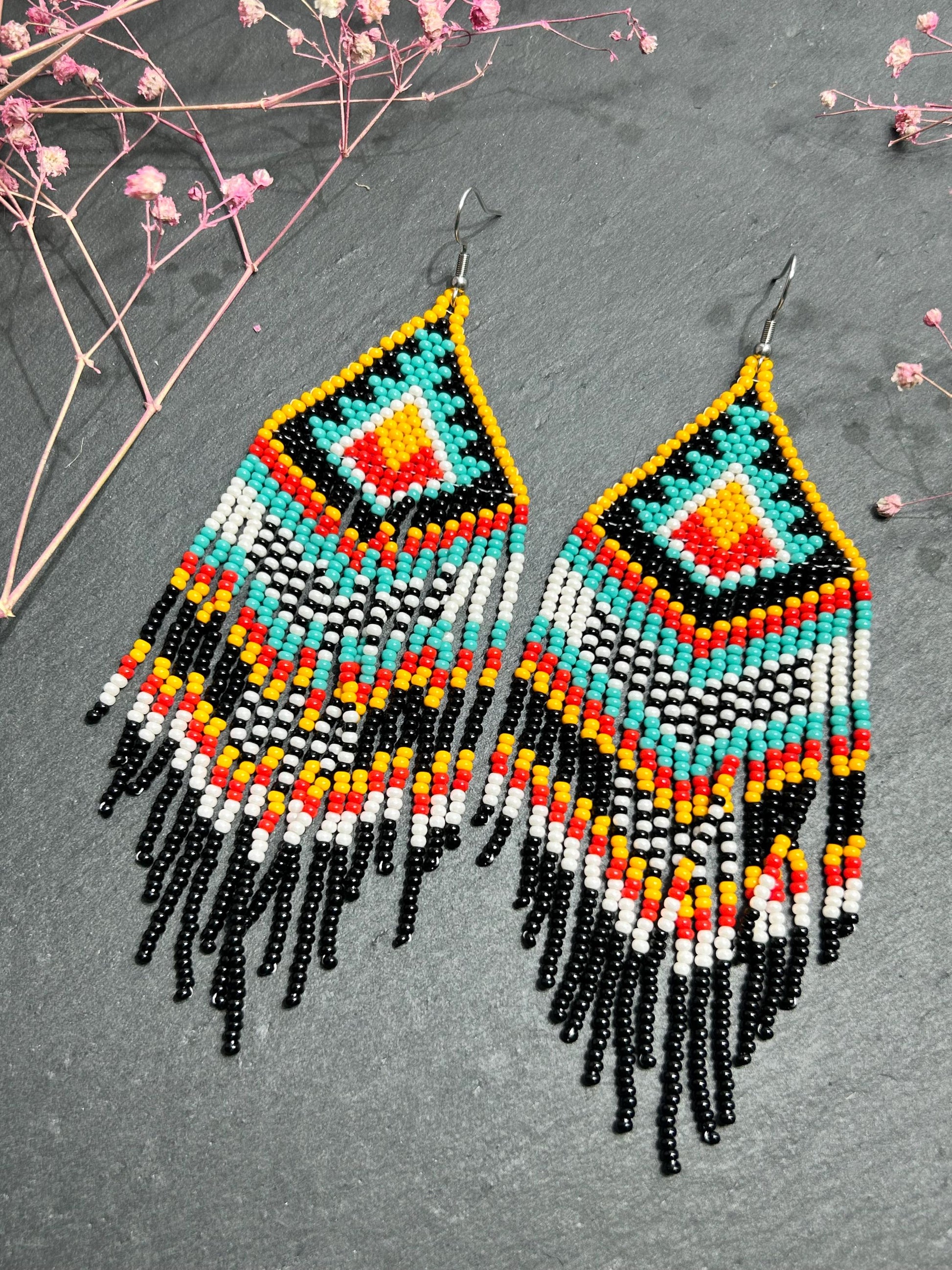 Bright handmade beaded fringe earrings in black, white, turquoise, red and orange with Native American motif. Statement boho earrings for women, perfect gift image 7