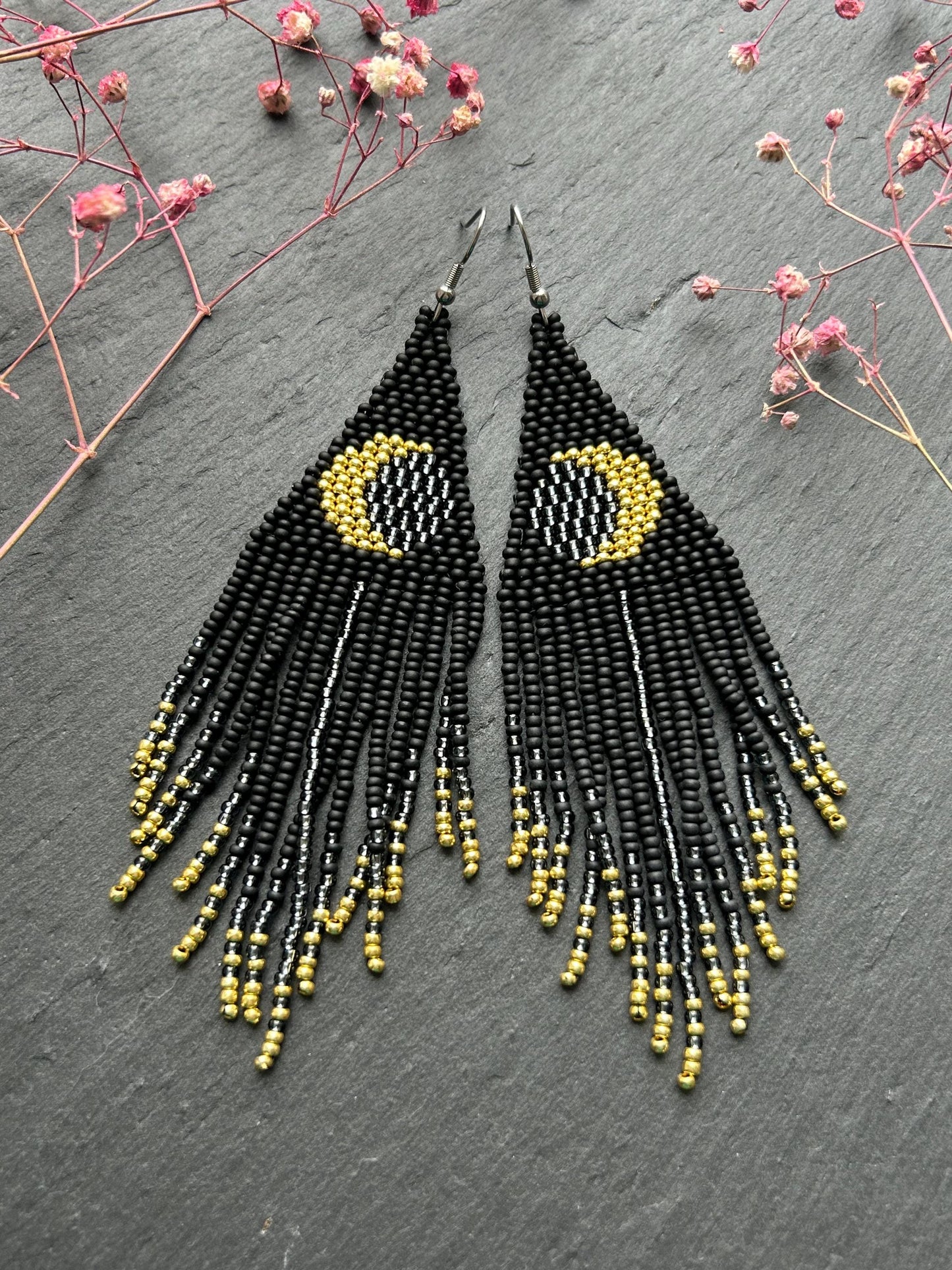 Handmade long black beaded earrings with golden lunar eclipse design and boho fringe. Unique statement jewelry image 6