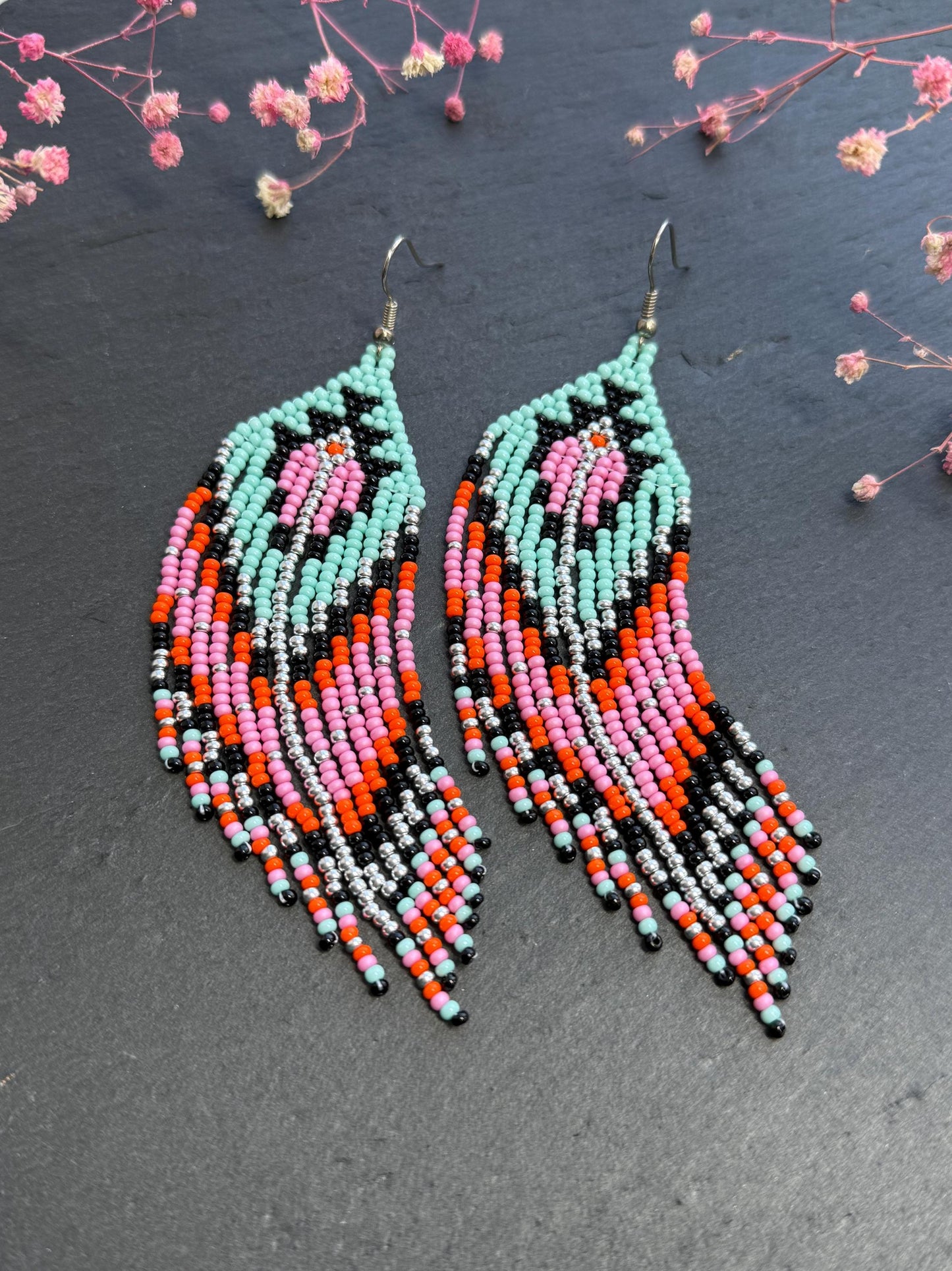 Handmade long beaded boho earrings in turquoise, black, silver, pink, and orange. Geometric design with elegant fringe, lightweight statement jewelry for any occasion  image 7