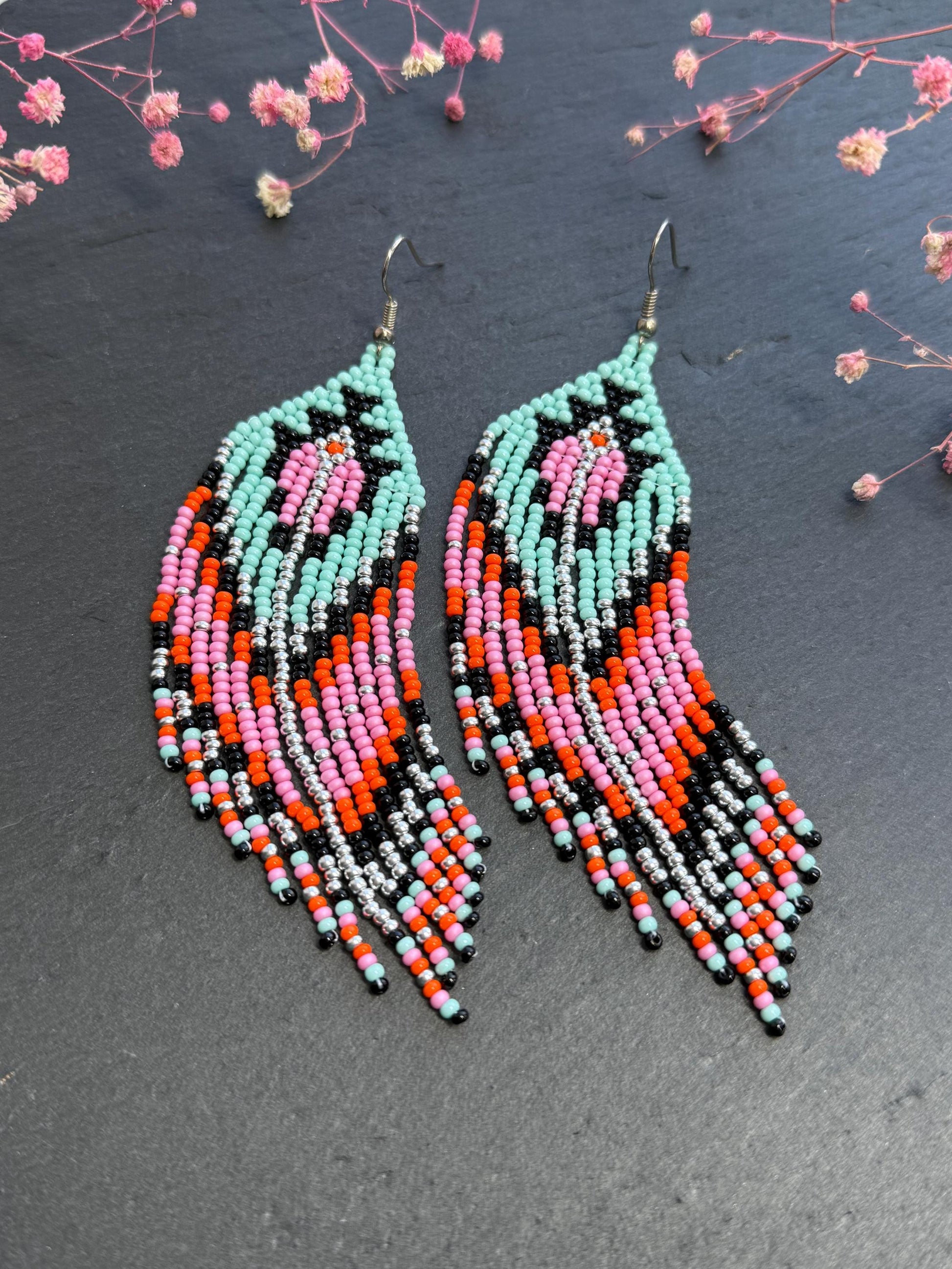 Handmade long beaded boho earrings in turquoise, black, silver, pink, and orange. Geometric design with elegant fringe, lightweight statement jewelry for any occasion  image 7