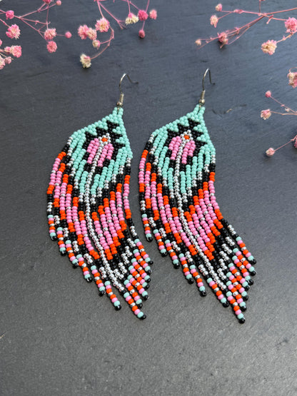 Handmade long beaded boho earrings in turquoise, black, silver, pink, and orange. Geometric design with elegant fringe, lightweight statement jewelry for any occasion  image 7