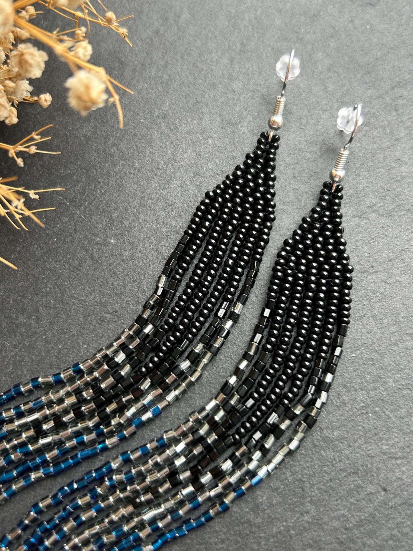 Long handmade black beaded earrings with blue gray ombre and flowing fringe. Boho statement jewelry, unique accessory for elegant style image 3