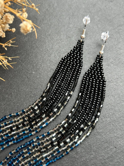 Long handmade black beaded earrings with blue gray ombre and flowing fringe. Boho statement jewelry, unique accessory for elegant style image 3
