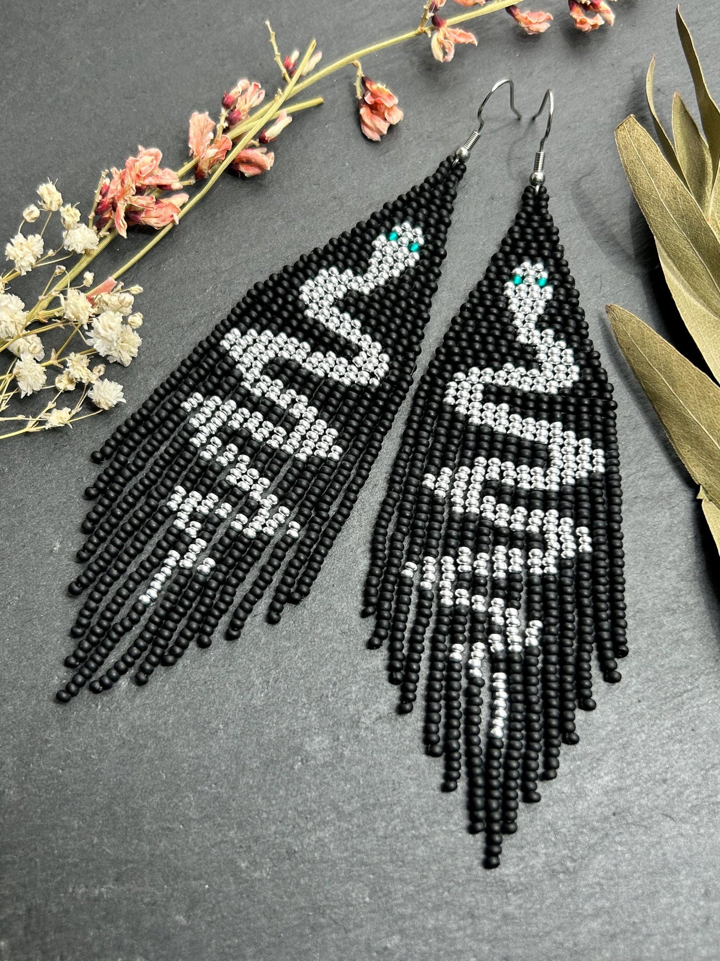 Handmade long black beaded earrings with silver snake design and boho fringe. Unique statement jewelry, elegant contrast, perfect gift for lovers of artisan style image 6
