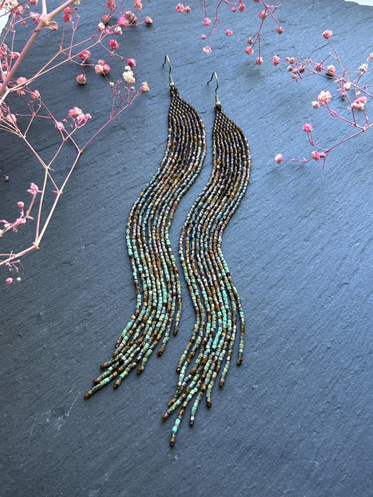 Handmade long green and turquoise beaded boho earrings with flowing fringe image 1