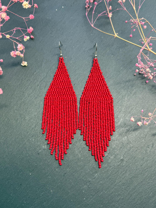 Unique handmade long red beaded dangle earrings with fringe in bright boho style. Modern statement jewelry for women, perfect gift for her imade 2