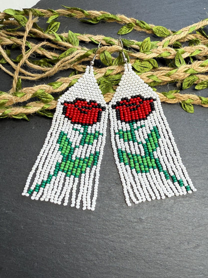 Unique long white beaded earrings with bright red rose and boho fringe. Handmade modern statement earrings for women, perfect gift for her image 9