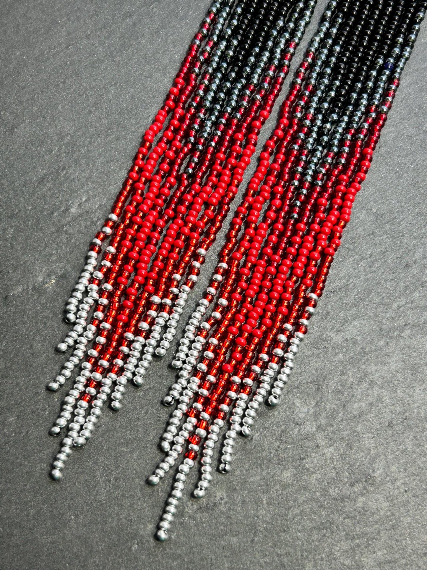 Long black and red ombre handmade beaded earrings with flowing fringe. Unique boho statement jewelry, perfect gift for women image 3