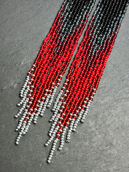Long black and red ombre handmade beaded earrings with flowing fringe. Unique boho statement jewelry, perfect gift for women image 3