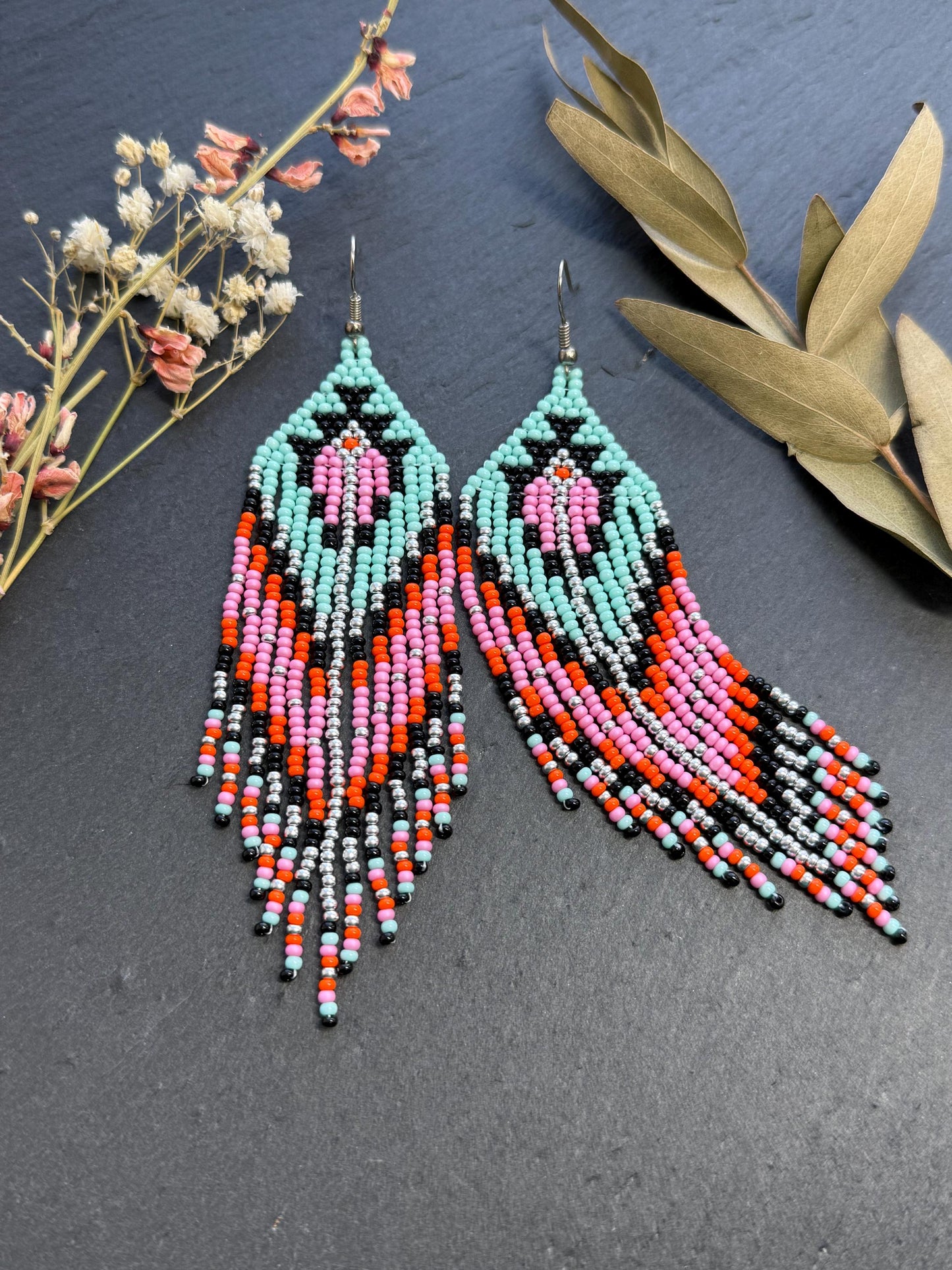 Handmade long beaded boho earrings in turquoise, black, silver, pink, and orange. Geometric design with elegant fringe, lightweight statement jewelry for any occasion  image 9