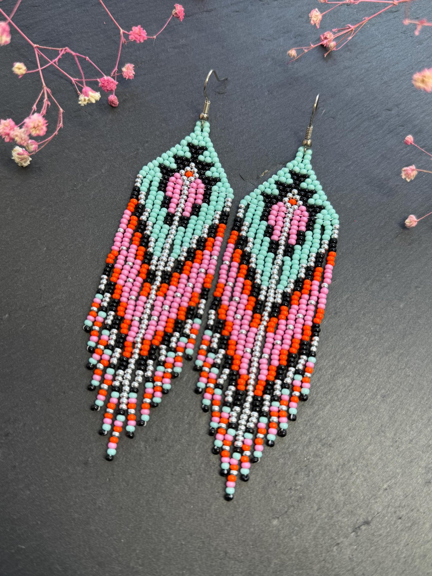 Handmade long beaded boho earrings in turquoise, black, silver, pink, and orange. Geometric design with elegant fringe, lightweight statement jewelry for any occasion  image 10