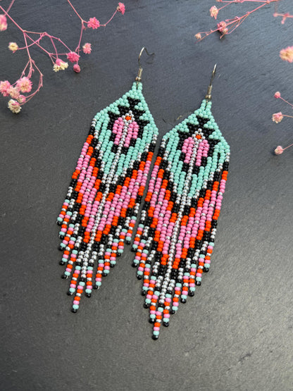 Handmade long beaded boho earrings in turquoise, black, silver, pink, and orange. Geometric design with elegant fringe, lightweight statement jewelry for any occasion  image 10
