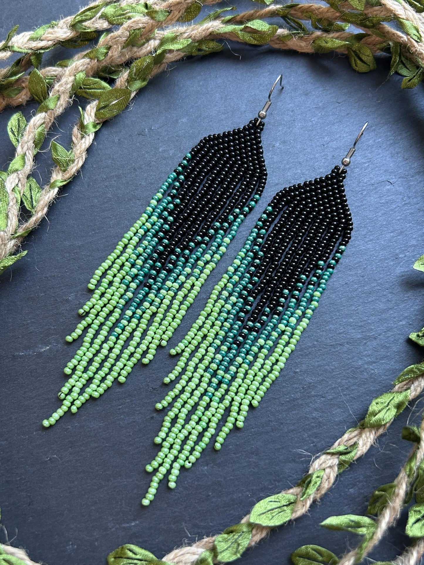 Long ombre beaded earrings in black and green with delicate fringe. Unique handmade jewelry for women, combining modern style with effortless elegance image 10