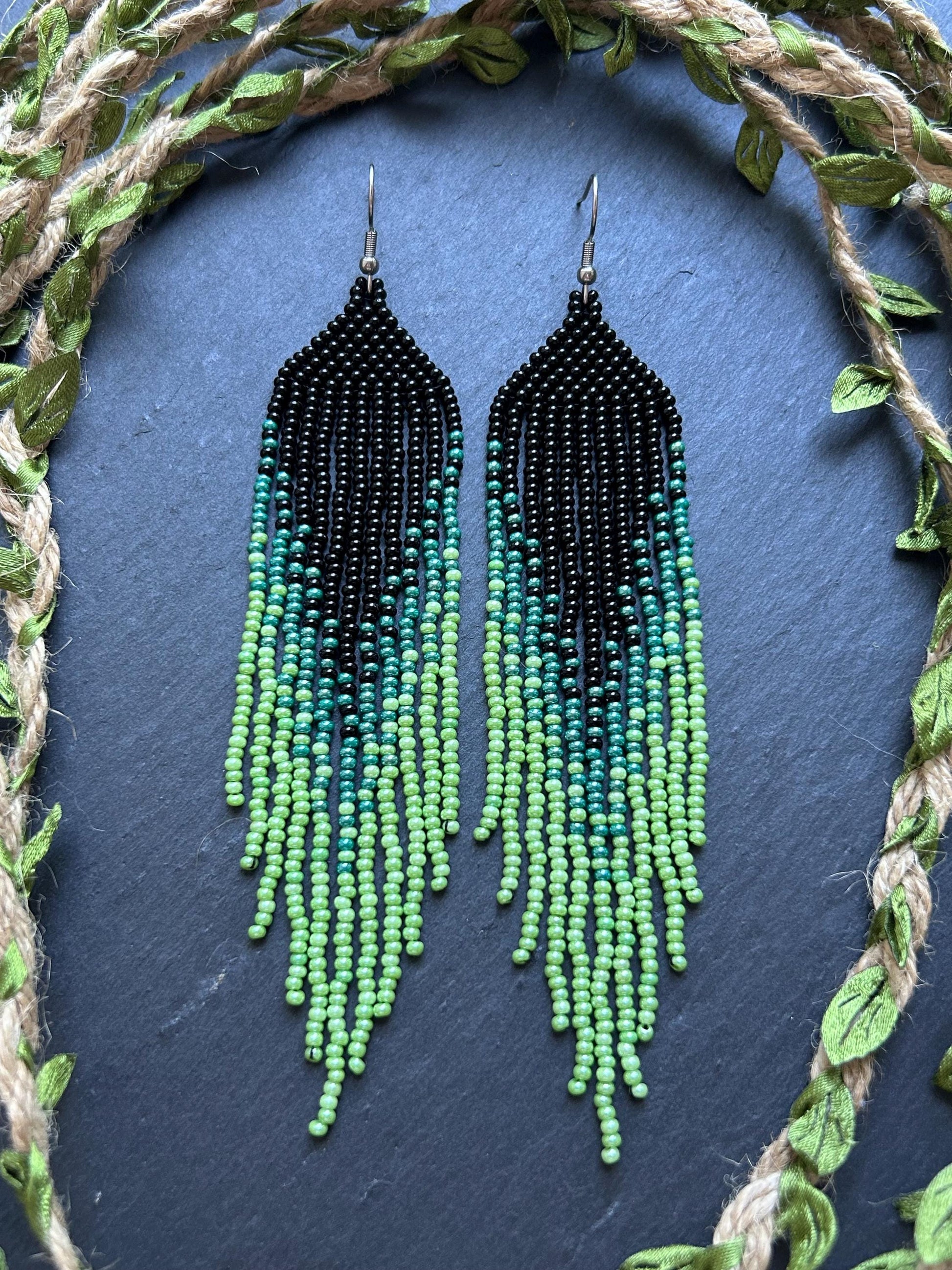 Long ombre beaded earrings in black and green with delicate fringe. Unique handmade jewelry for women, combining modern style with effortless elegance image 9