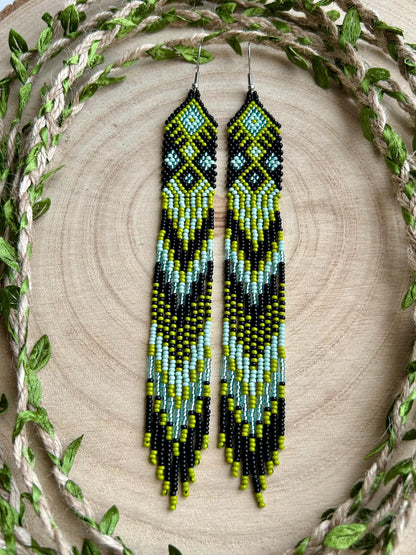 Long black, green, and mint green beaded earrings with Native American ethnic design and fringe. Handmade boho earrings for women, unique earrings for women image 9