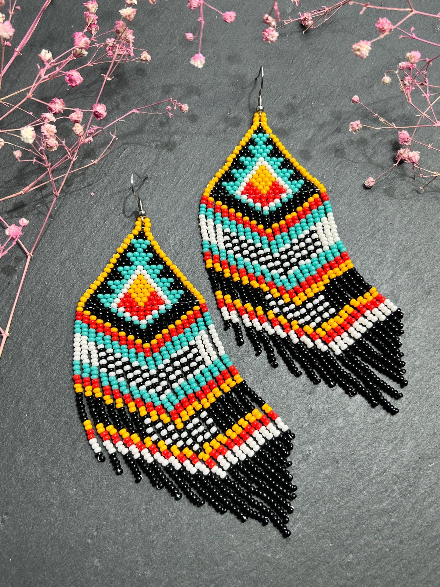 Bright handmade beaded fringe earrings in black, white, turquoise, red and orange with Native American motif. Statement boho earrings for women, perfect gift image 3