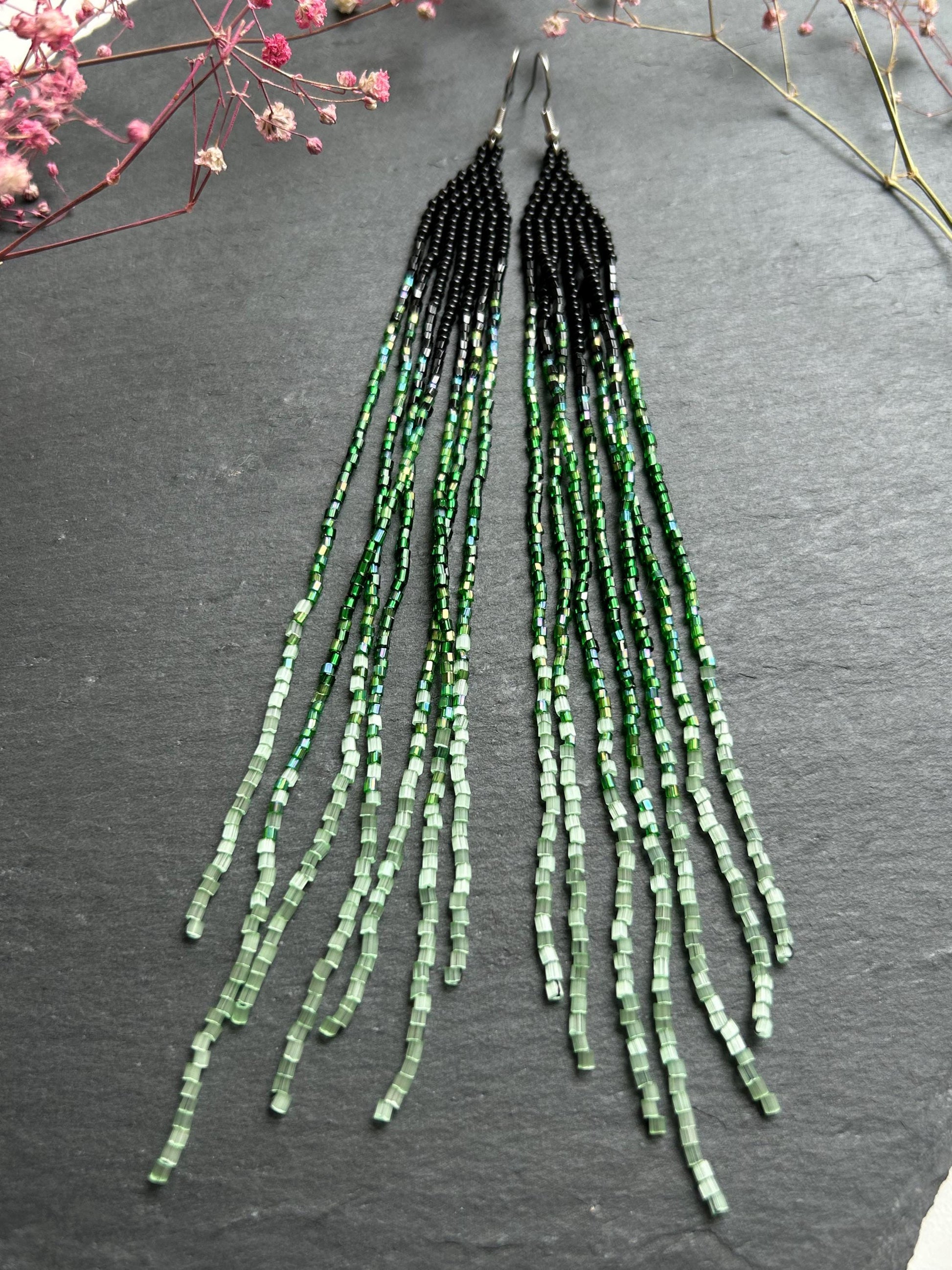 Handmade long black and green beaded earrings with ombre effect and fringe. Unique boho statement earrings for women, vibrant, stylish, and perfect gift image 9