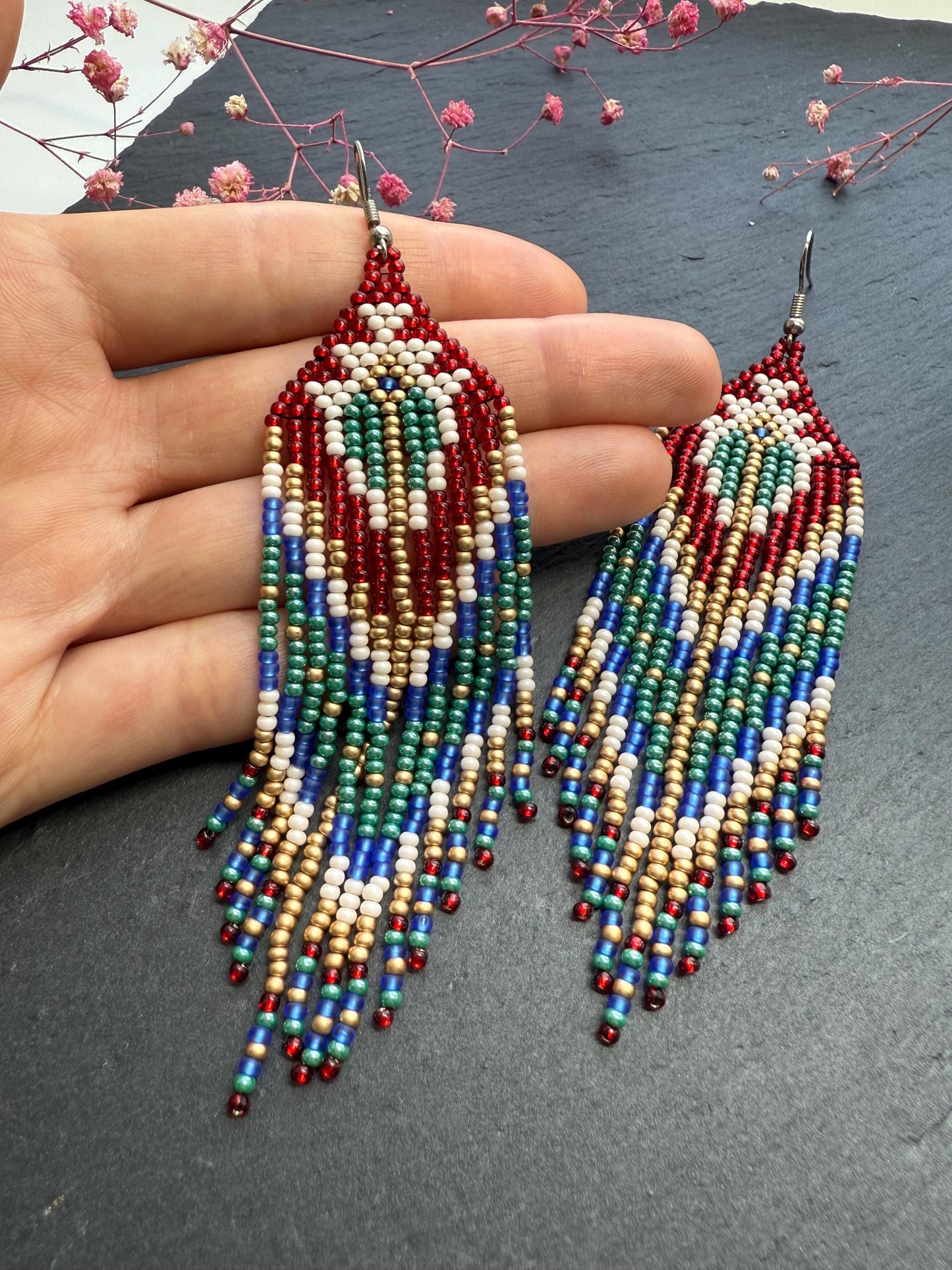 Unique handmade long beaded boho earrings in red, green, copper, blue, and beige. Native American statement earrings for women, unique gift for her image 6