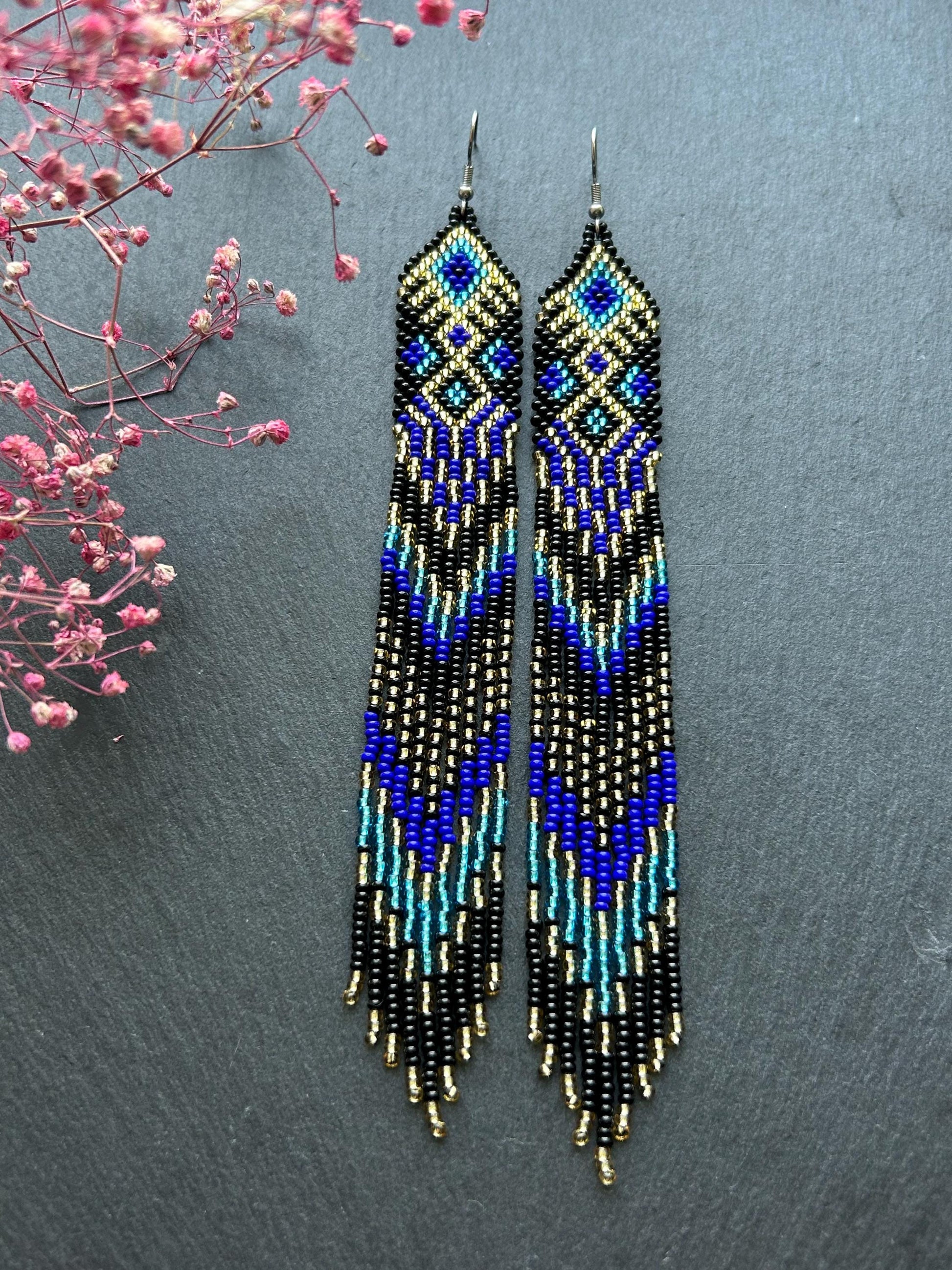 Handmade long black, blue, and gold beaded earrings with Native American ethnic design and fringe. Unique statement boho earrings for women image 1
