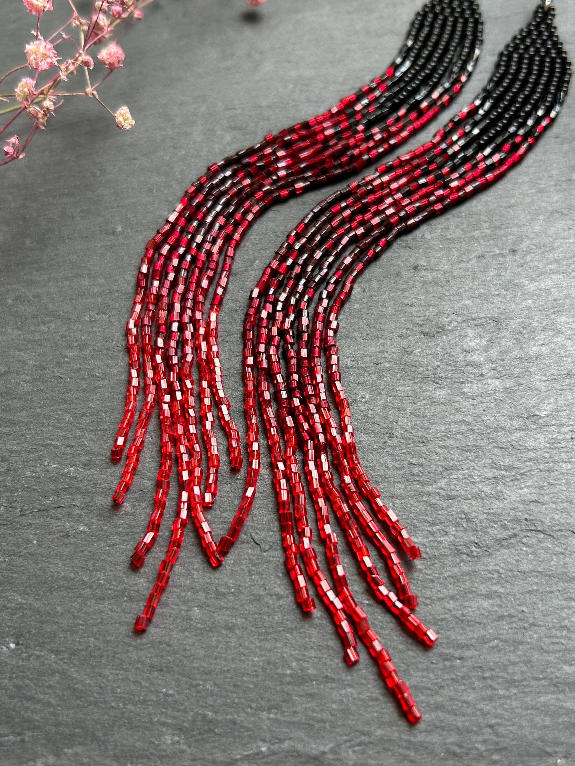 Long handmade black and red ombre beaded earrings with flowing fringe. Boho statement jewelry, unique artisanal accessory for bold everyday or evening style image 7