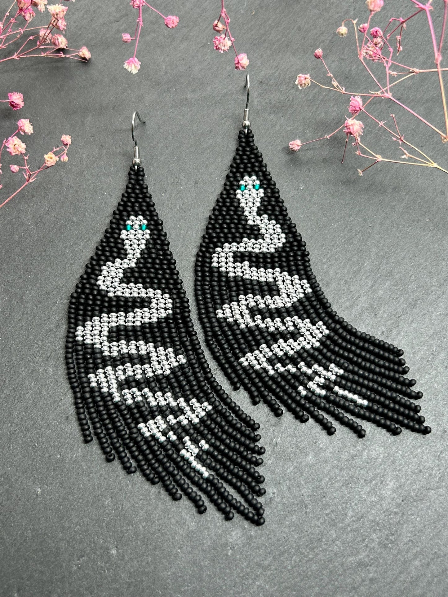 Handmade long black beaded earrings with silver snake design and boho fringe. Unique statement jewelry, elegant contrast, perfect gift for lovers of artisan style image 7