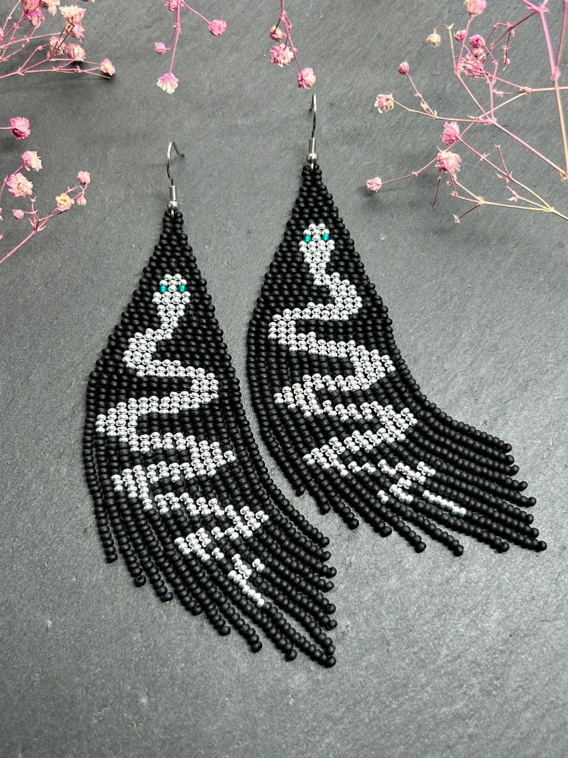 Handmade long black beaded earrings with silver snake design and boho fringe. Unique statement jewelry, elegant contrast, perfect gift for lovers of artisan style image 7