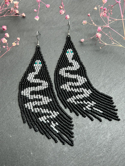 Handmade long black beaded earrings with silver snake design and boho fringe. Unique statement jewelry, elegant contrast, perfect gift for lovers of artisan style image 7