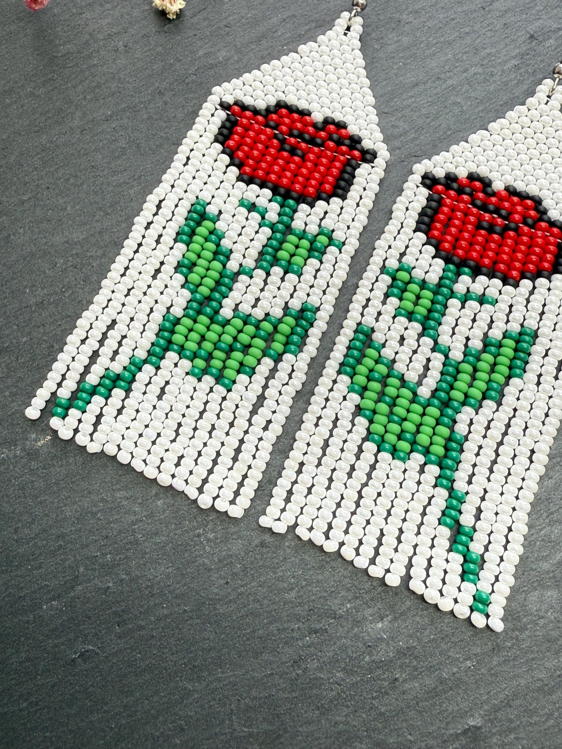 Unique long white beaded earrings with bright red rose and boho fringe. Handmade modern statement earrings for women, perfect gift for her image 5
