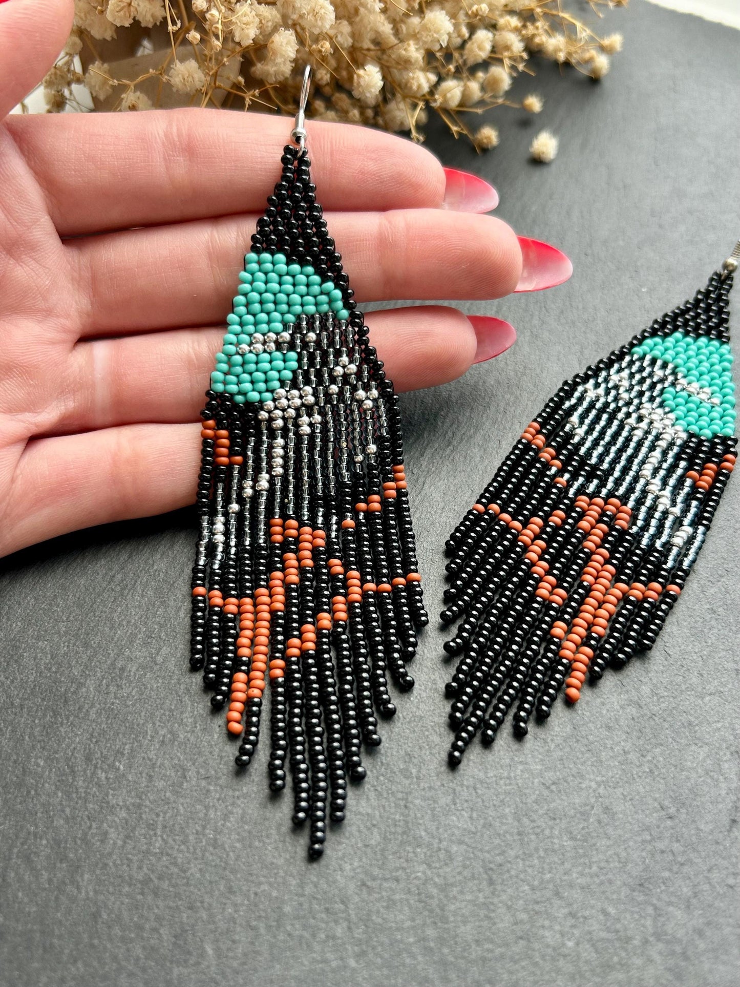 Long black beaded fringe earrings featuring gray raven and moon, handmade boho jewelry, perfect unique statement accessory image 6