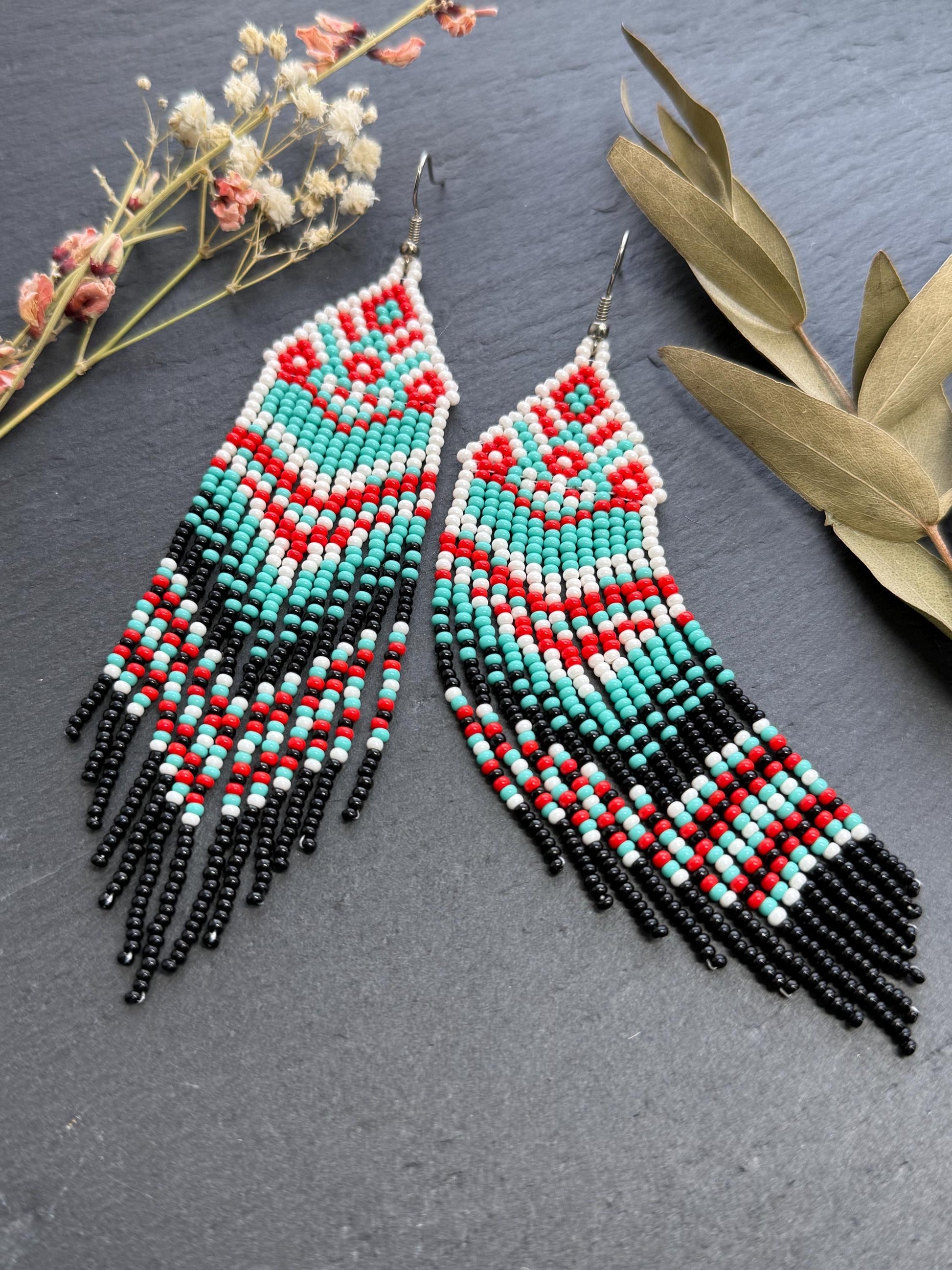 Handmade long bright beaded fringe earrings in red, black and turquoise. Native American motif, boho statement dangle earrings for women, unique gift for her image 9
