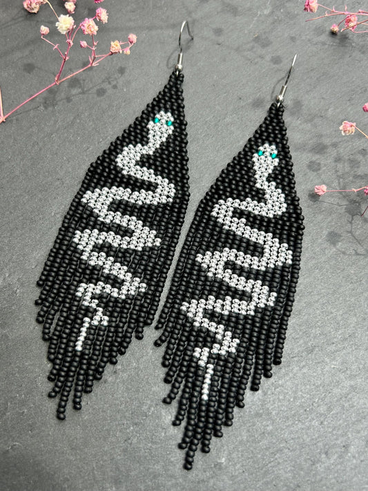 Handmade long black beaded earrings with silver snake design and boho fringe. Unique statement jewelry, elegant contrast, perfect gift for lovers of artisan style image 2
