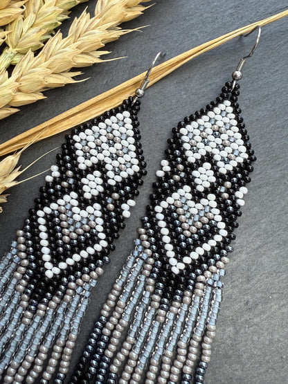 Long black and gray beaded fringe earrings in Native American style. Handmade statement earrings for women, unique ethnic design and perfect gift image 3