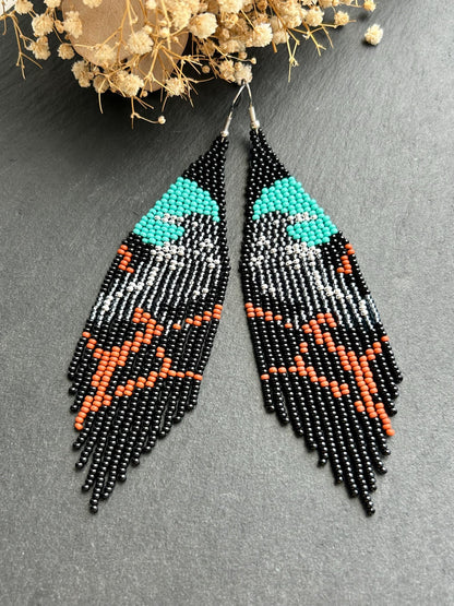 Long black beaded fringe earrings featuring gray raven and moon, handmade boho jewelry, perfect unique statement accessory image 7