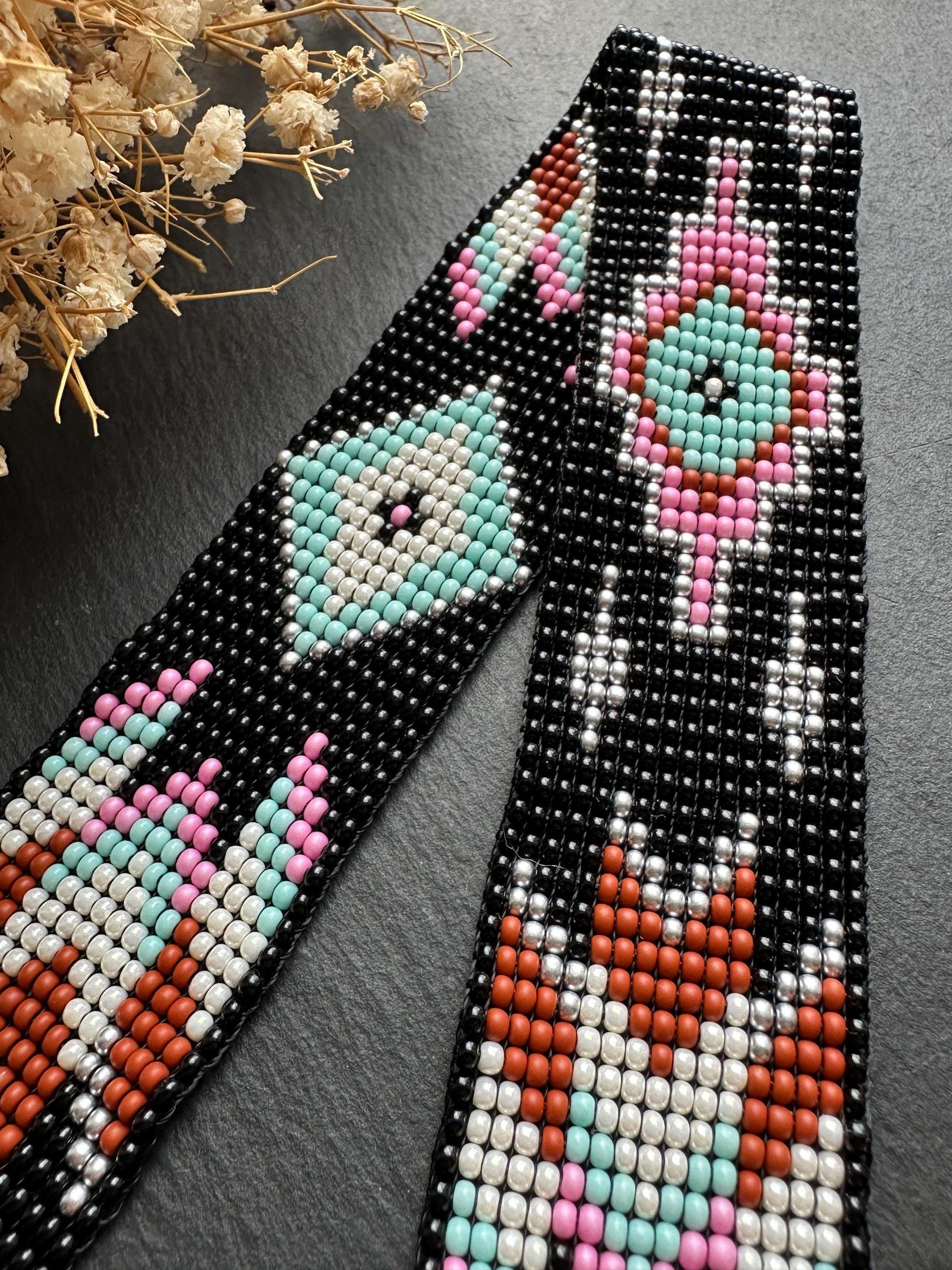 Unique handmade black beaded choker with geometric ornament in turquoise, pink, beige, and silver tones. Native American style boho statement choker necklace with adjustable chain image 4