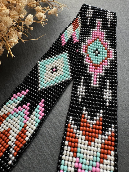 Unique handmade black beaded choker with geometric ornament in turquoise, pink, beige, and silver tones. Native American style boho statement choker necklace with adjustable chain image 4