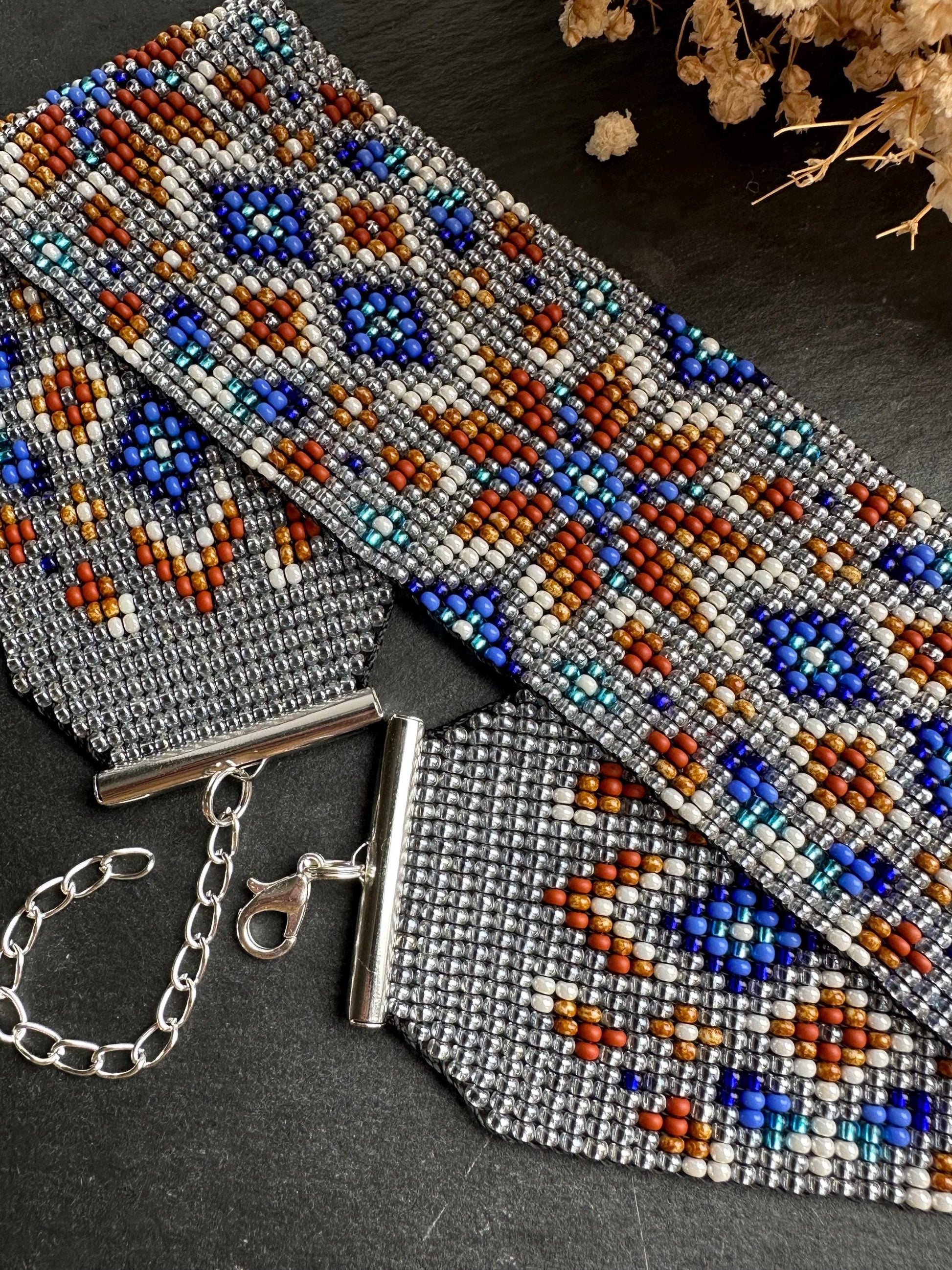 Unique handmade beaded choker with brown star ornament and blue accents on transparent base. Unique boho statement choker necklace for standout style image 7