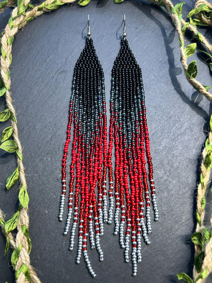Long black and red ombre handmade beaded earrings with flowing fringe. Unique boho statement jewelry, perfect gift for women image 10
