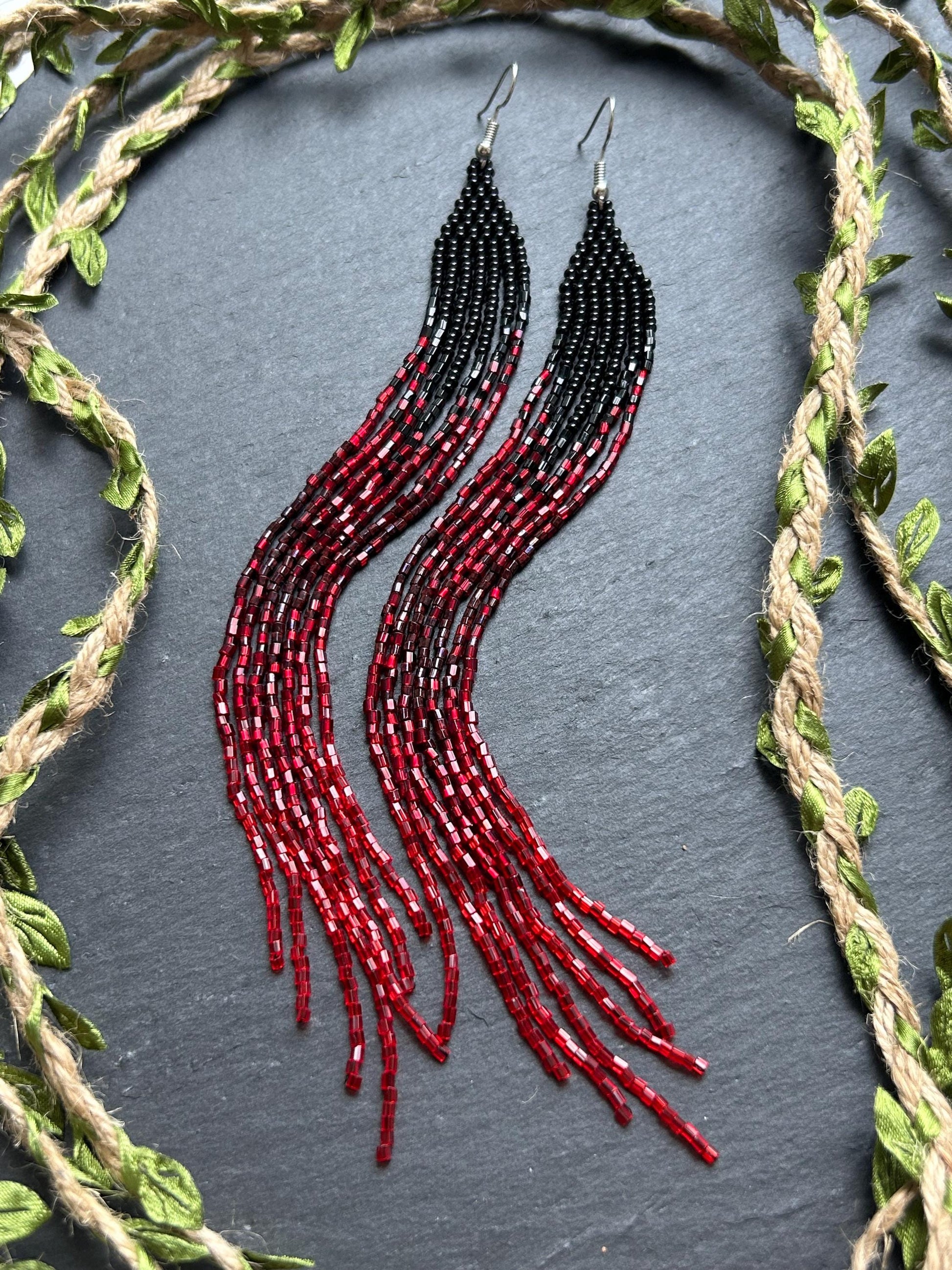 Long handmade black and red ombre beaded earrings with flowing fringe. Boho statement jewelry, unique artisanal accessory for bold everyday or evening style image 10