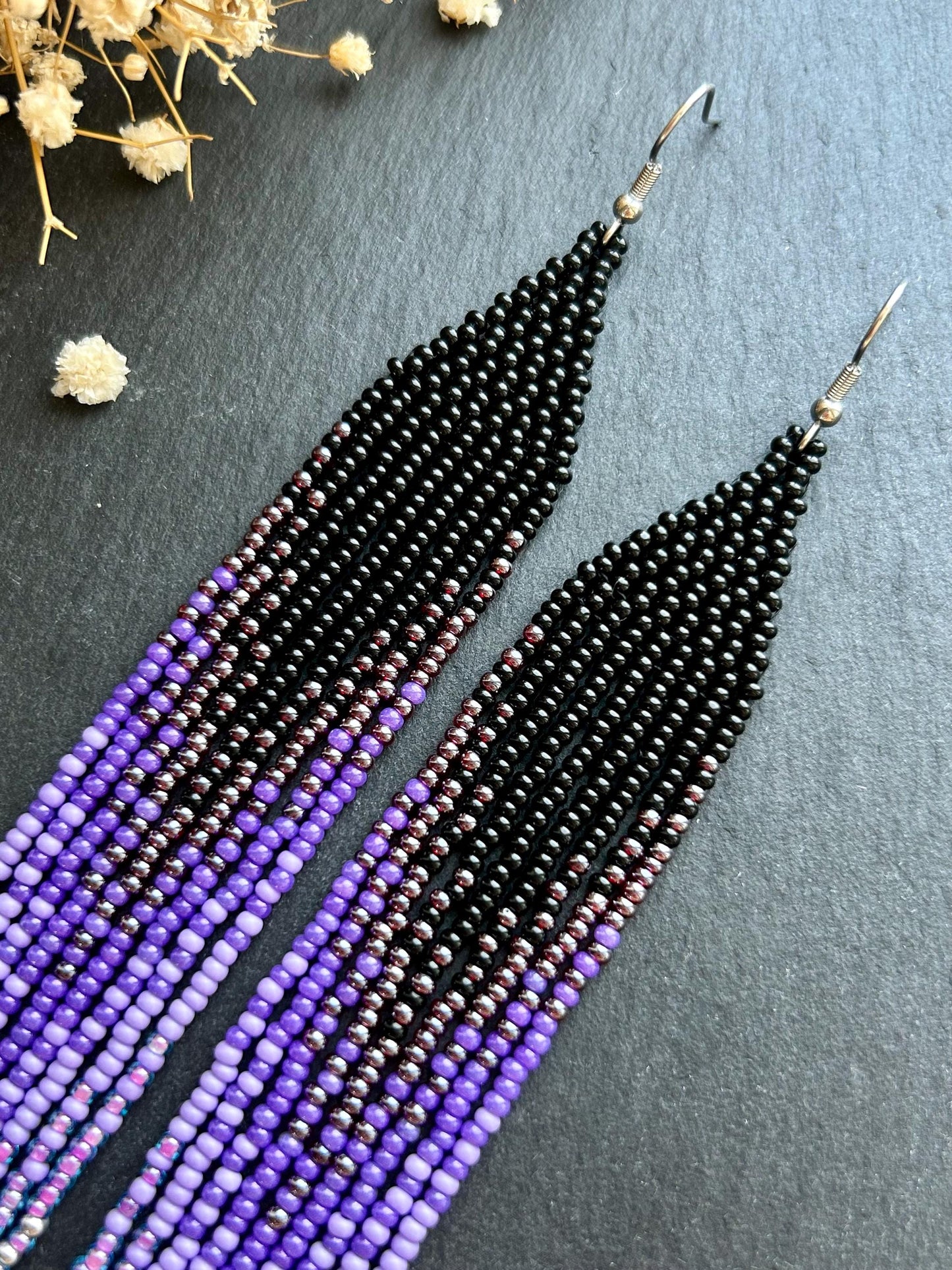 Long black beaded earrings in purple ombré style with fringe and silver tips. Handmade boho jewelry that is unique, vibrant, and adds elegance and movement  image 4