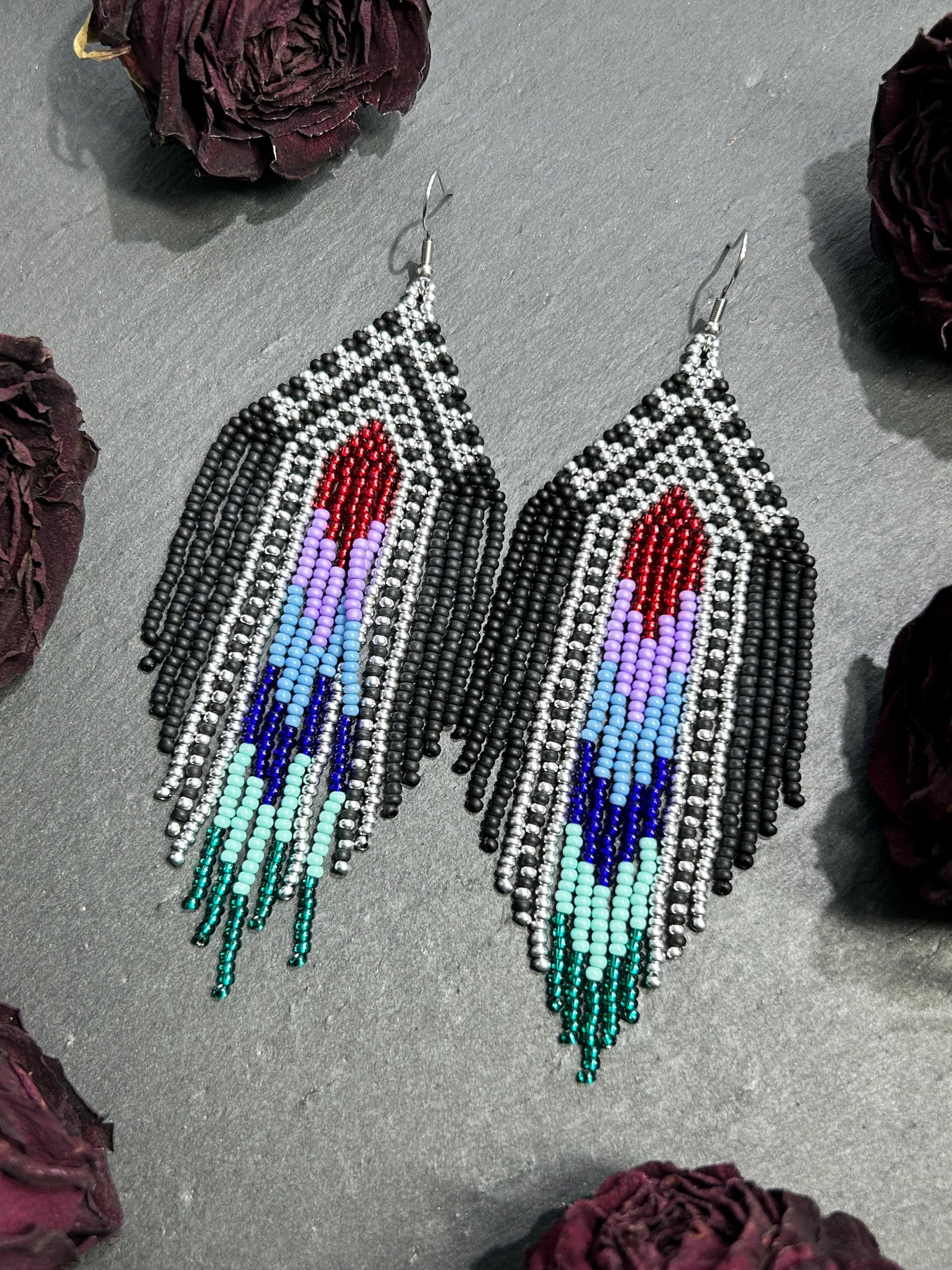 Handmade long black beaded earrings with silver, red, purple and green accents in Native American style. Bright statement boho fringe earrings, perfect gift for women image 10