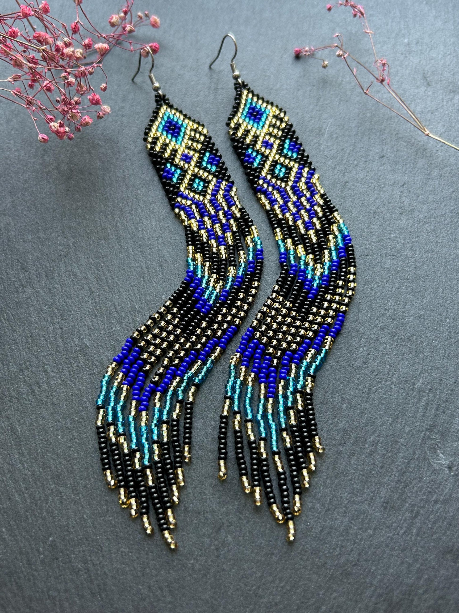 Handmade long black, blue, and gold beaded earrings with Native American ethnic design and fringe. Unique statement boho earrings for women image 9