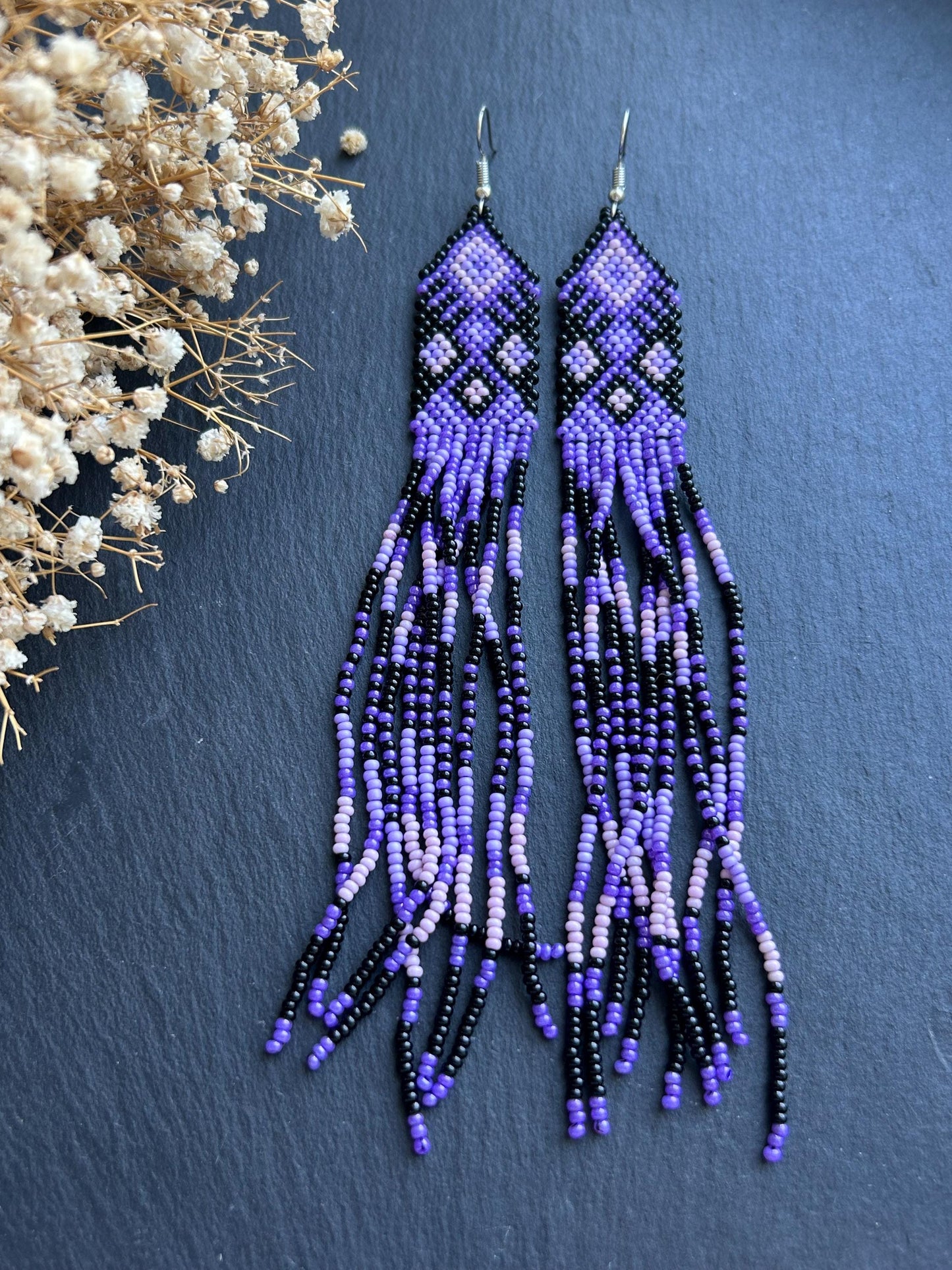 Handmade long black and purple native American beaded earrings with ethnic design and fringe. Cute statement earrings for women, unique gift for her image 5