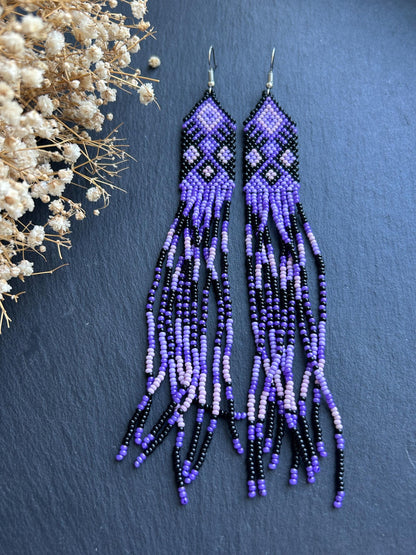 Handmade long black and purple native American beaded earrings with ethnic design and fringe. Cute statement earrings for women, unique gift for her image 5