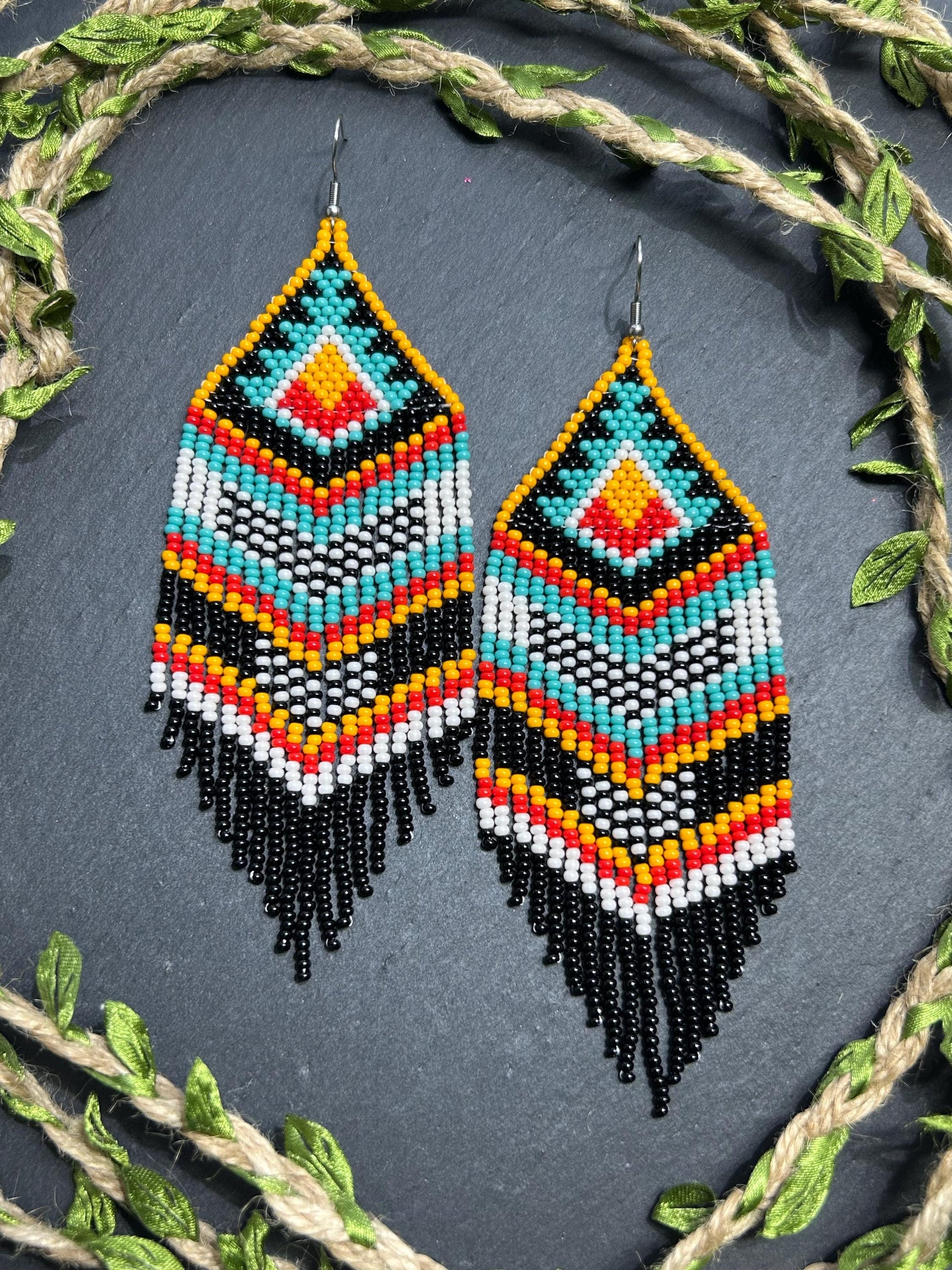 Bright handmade beaded fringe earrings in black, white, turquoise, red and orange with Native American motif. Statement boho earrings for women, perfect gift image 10