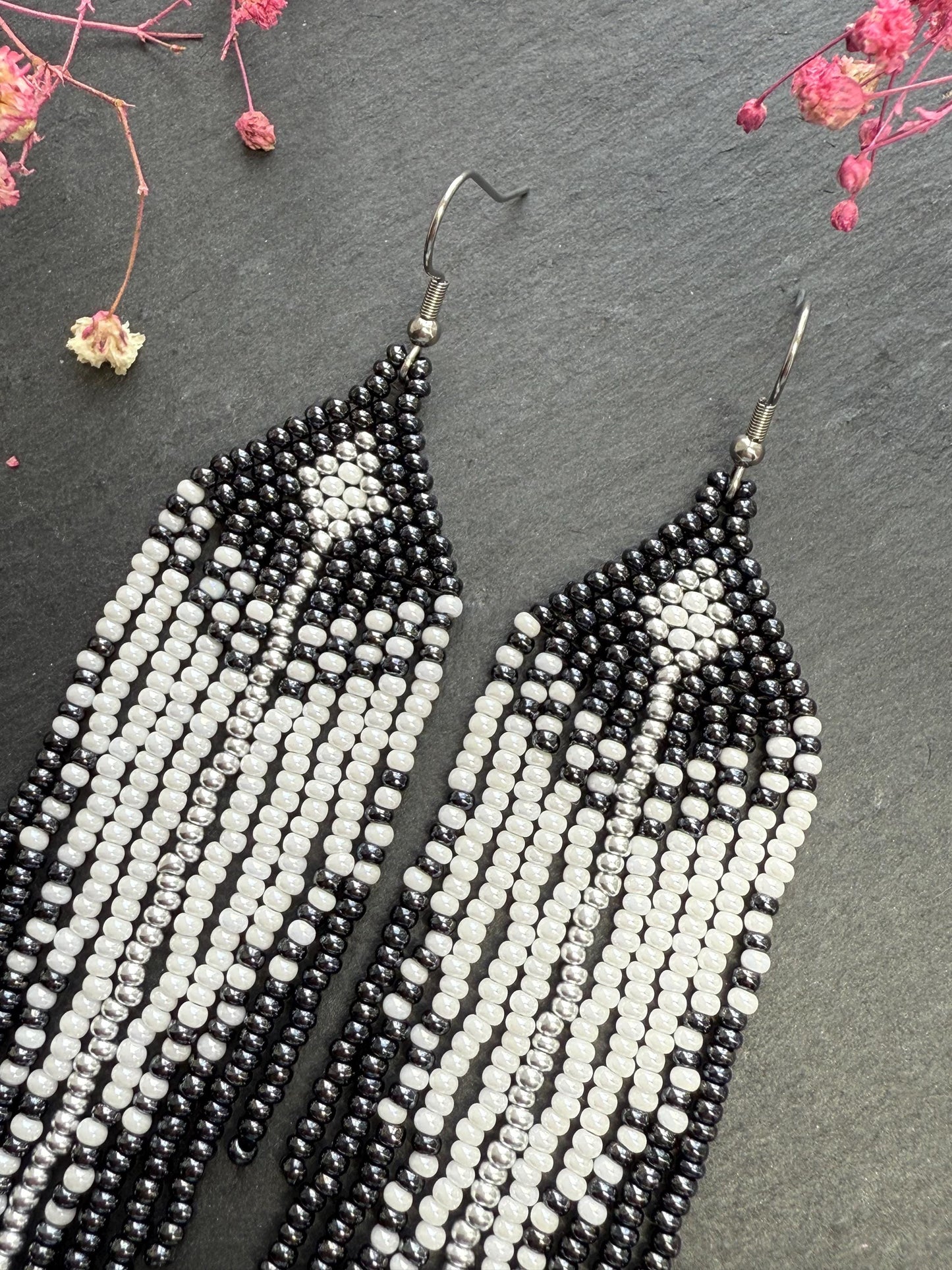 Handmade long black and white beaded fringe earrings in Native American boho style. Statement earrings for women, unique beadwork ethnic design image 3