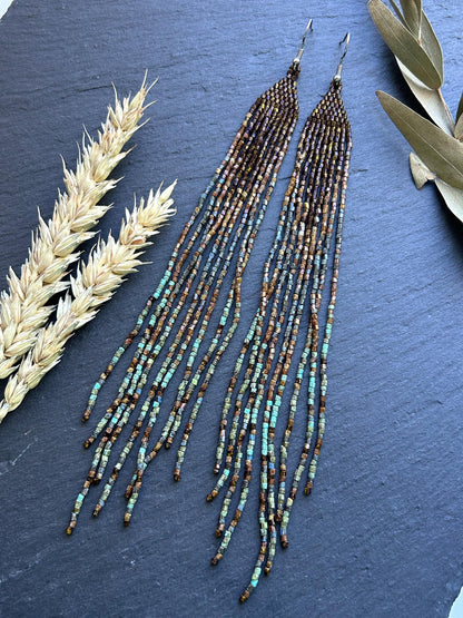 Handmade long green and turquoise beaded boho earrings with flowing fringe image 9
