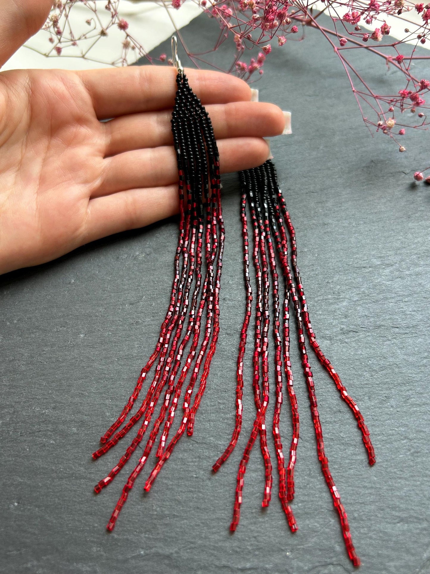 Long handmade black and red ombre beaded earrings with flowing fringe. Boho statement jewelry, unique artisanal accessory for bold everyday or evening style image 8