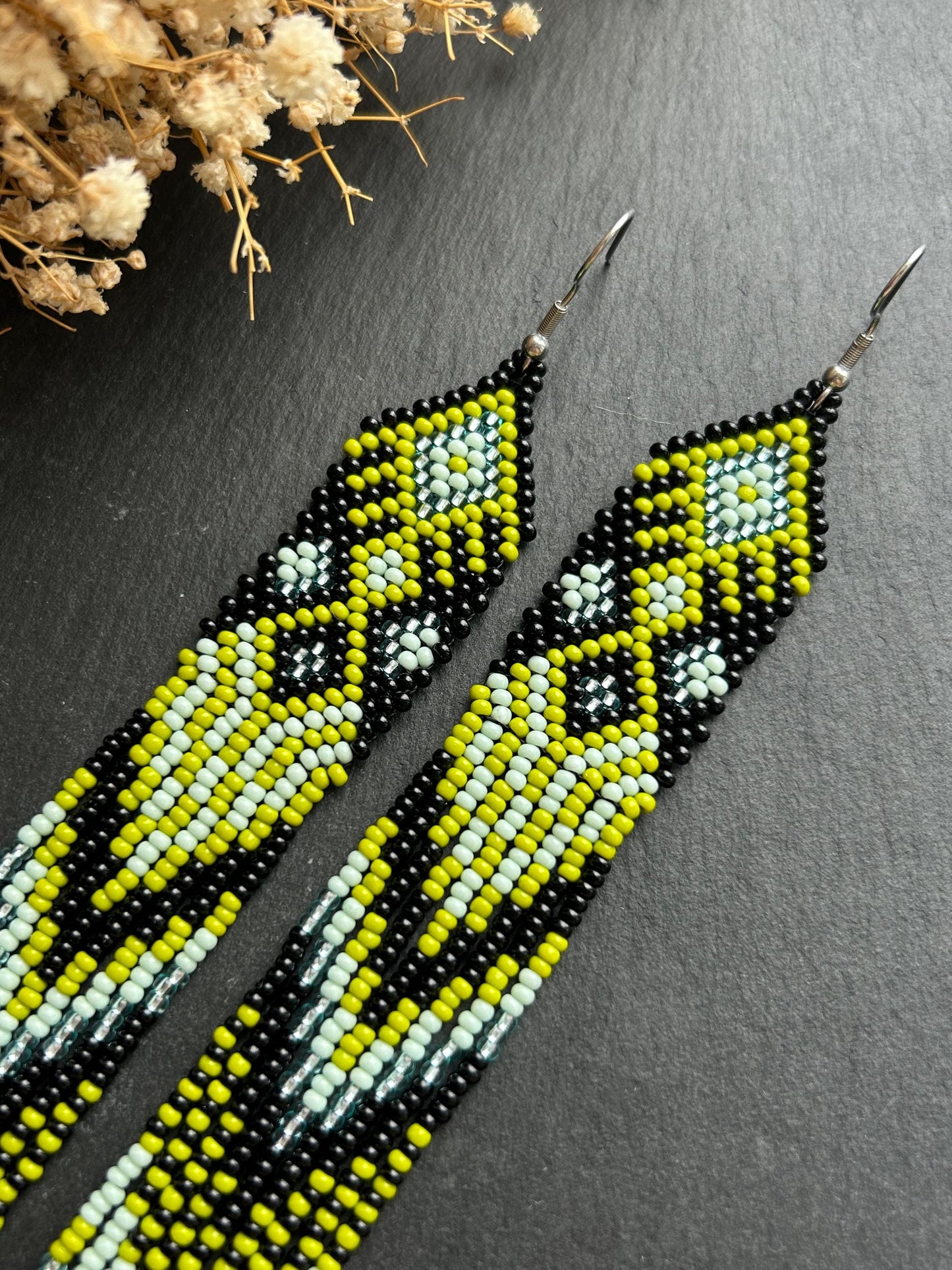 Long black, green, and mint green beaded earrings with Native American ethnic design and fringe. Handmade boho earrings for women, unique earrings for women image 3