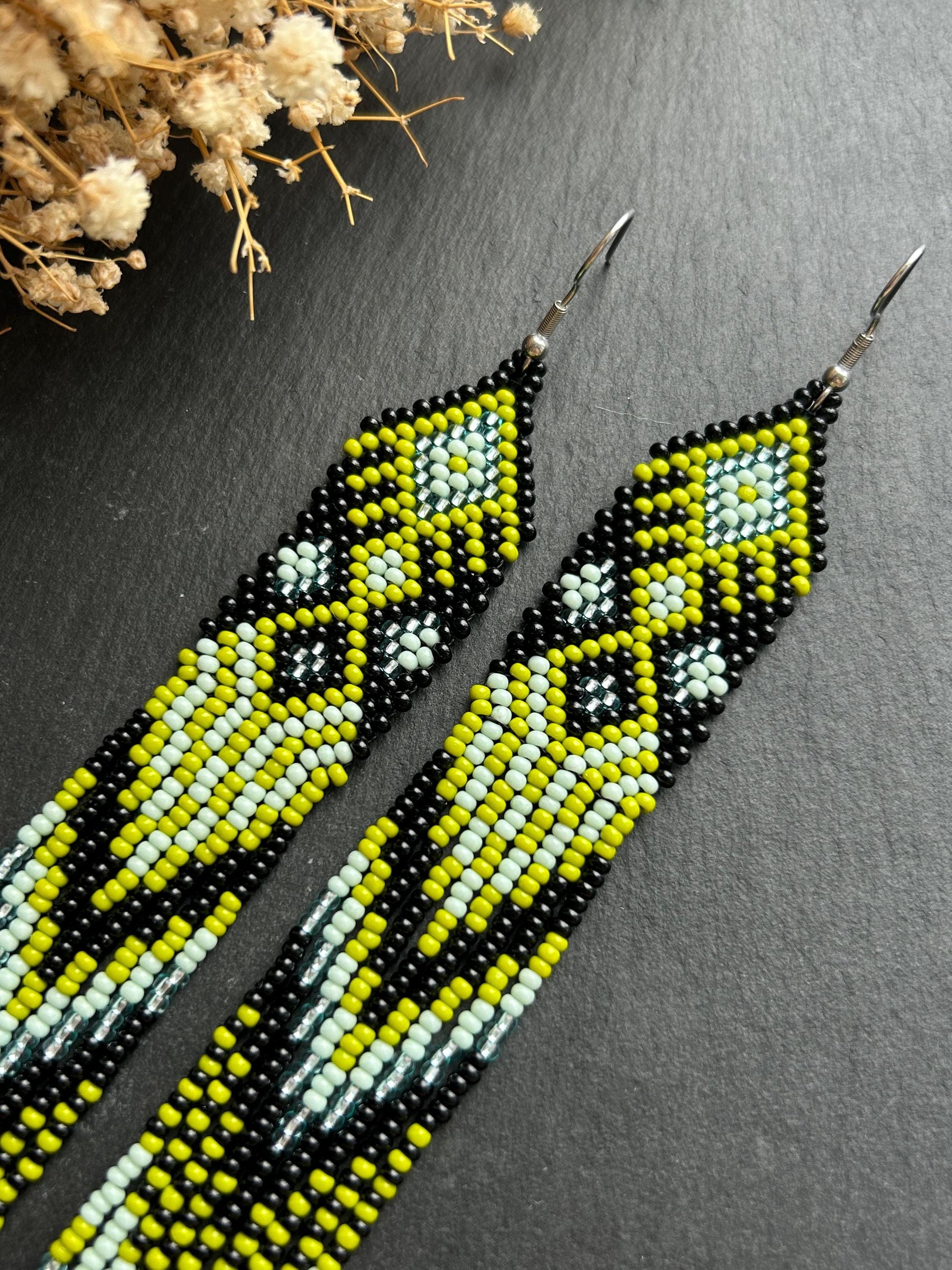 Long black, green, and mint green beaded earrings with Native American ethnic design and fringe. Handmade boho earrings for women, unique earrings for women image 3