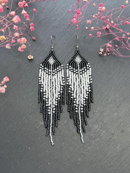 Handmade long black and white beaded fringe earrings in Native American boho style. Statement earrings for women, unique beadwork ethnic design image 2